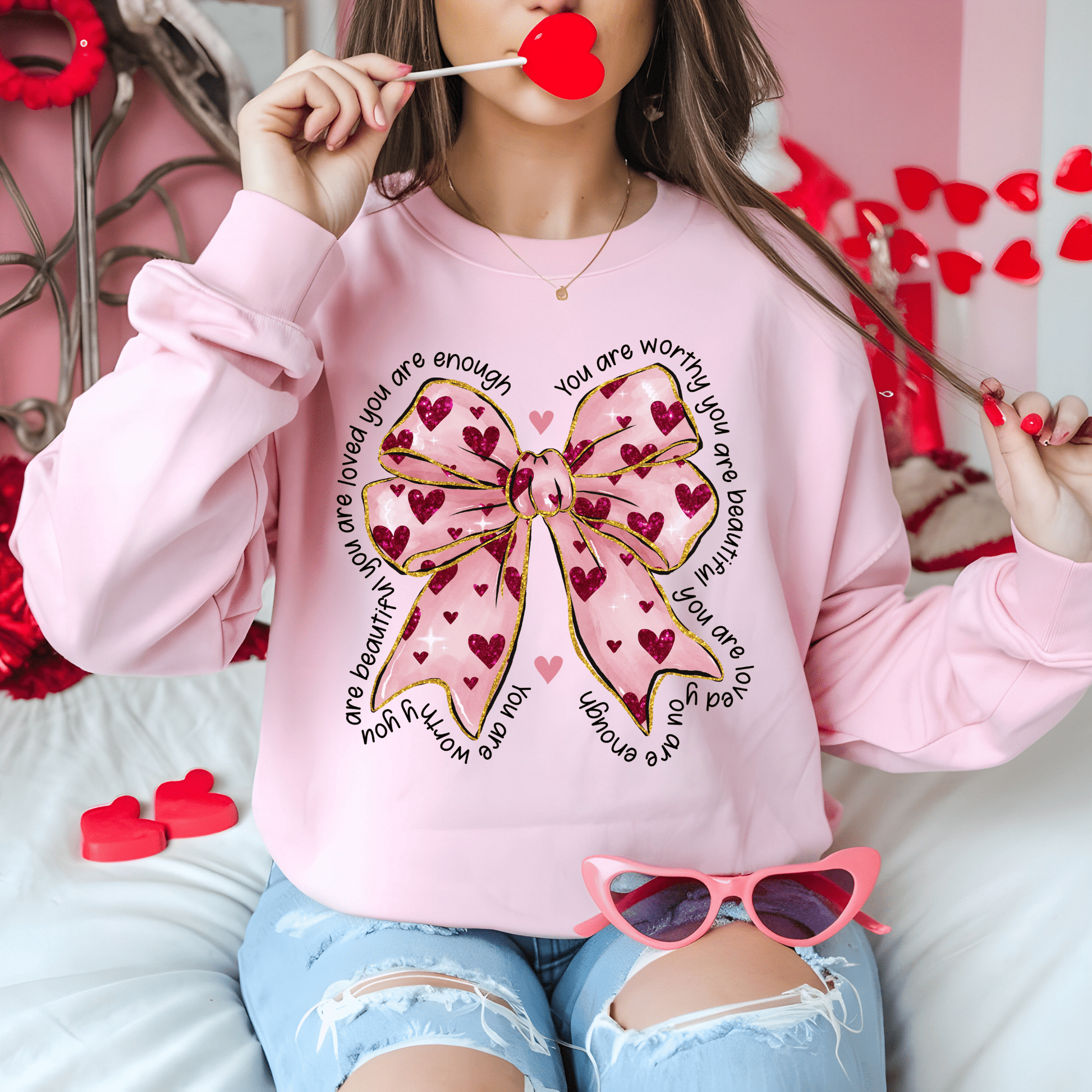 Ink and Charms Designs Sweatshirt Glitter Bows and Hearts Valentine’s Day Sweatshirt