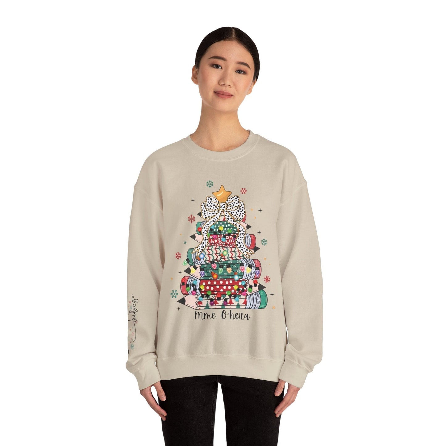 Ink and Charms Designs Sweatshirt Personalized Teacher Christmas Crewneck Sweatshirt - Christmas Tree and Pencils Design