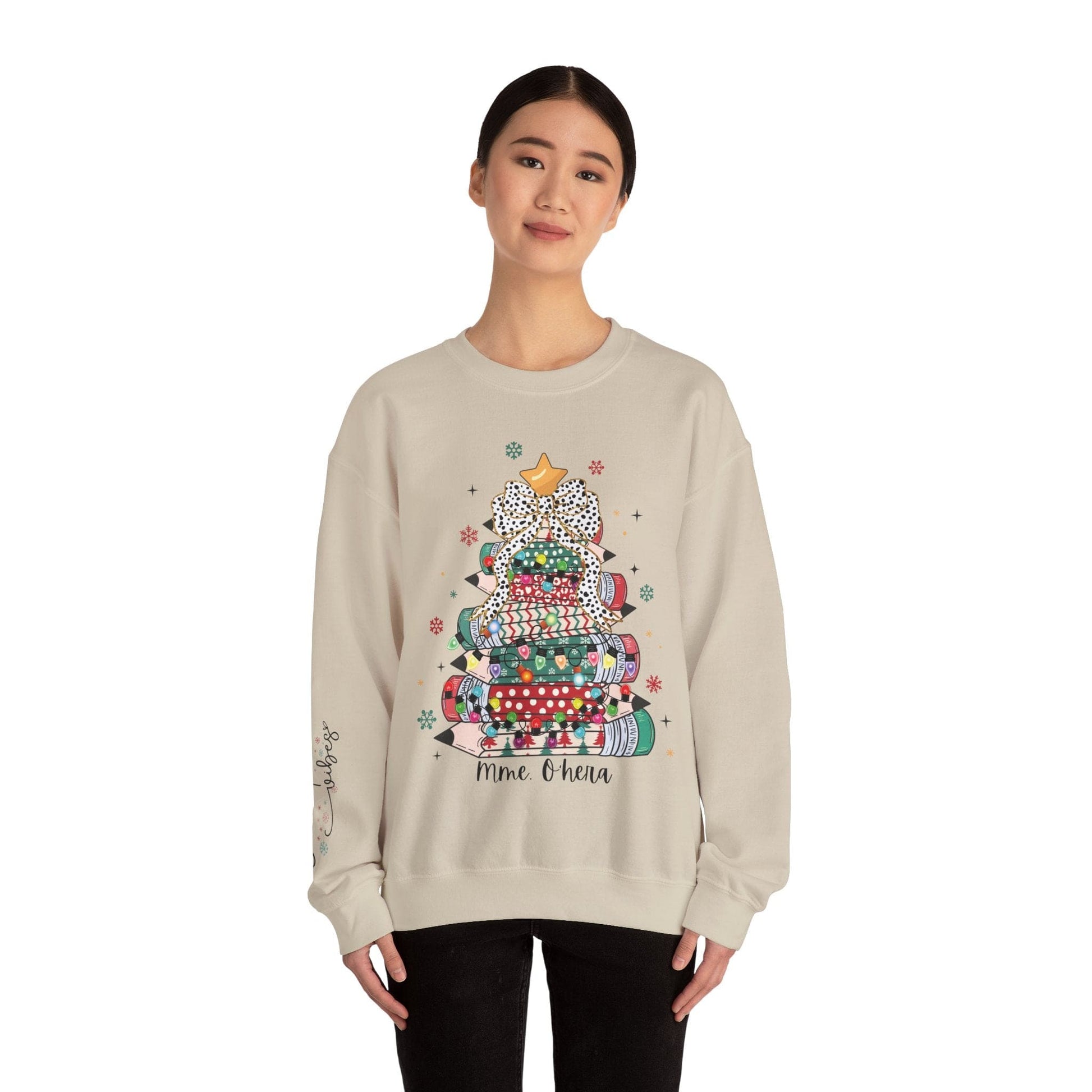 Ink and Charms Designs Sweatshirt Personalized Teacher Christmas Crewneck Sweatshirt - Christmas Tree and Pencils Design