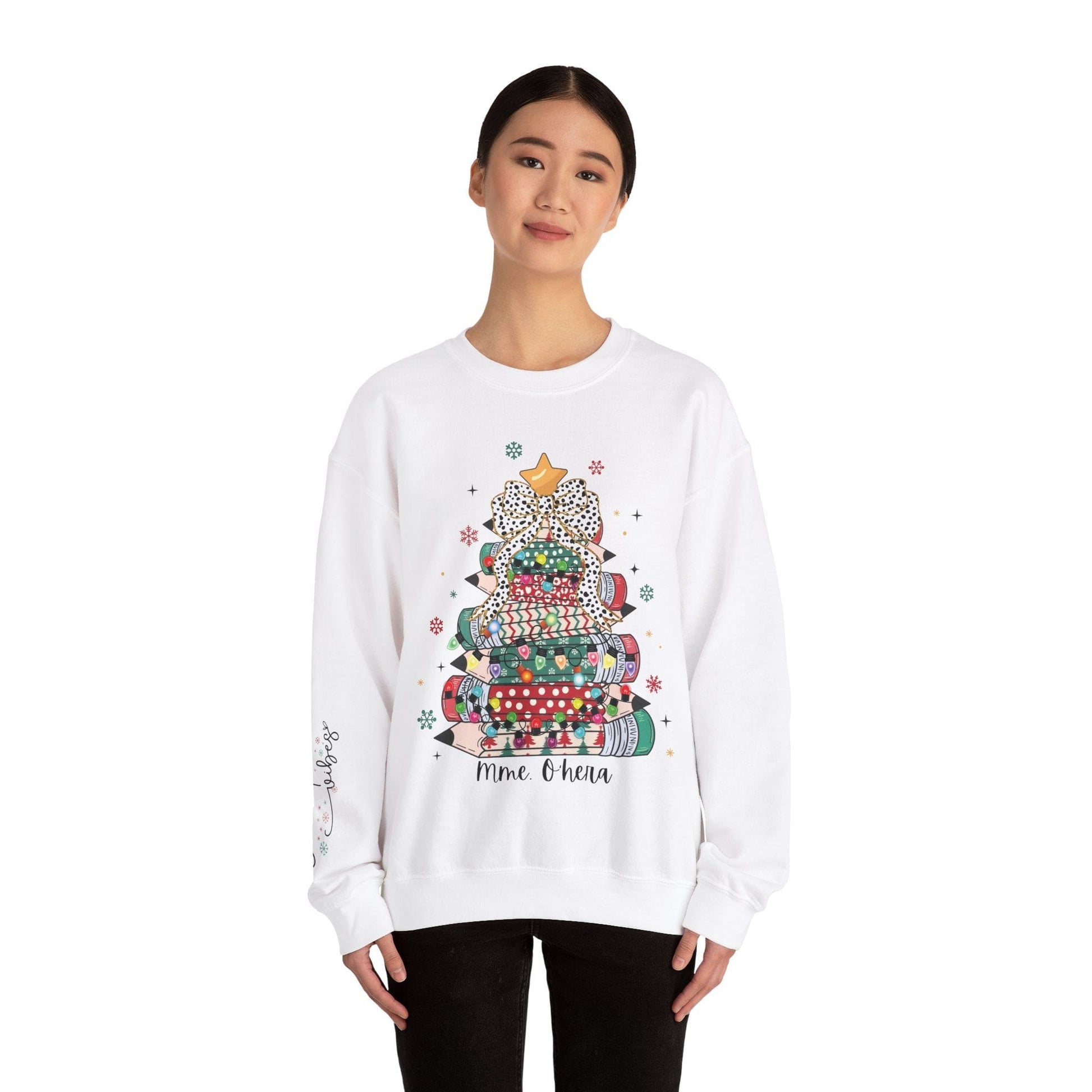Ink and Charms Designs Sweatshirt Personalized Teacher Christmas Crewneck Sweatshirt - Christmas Tree and Pencils Design