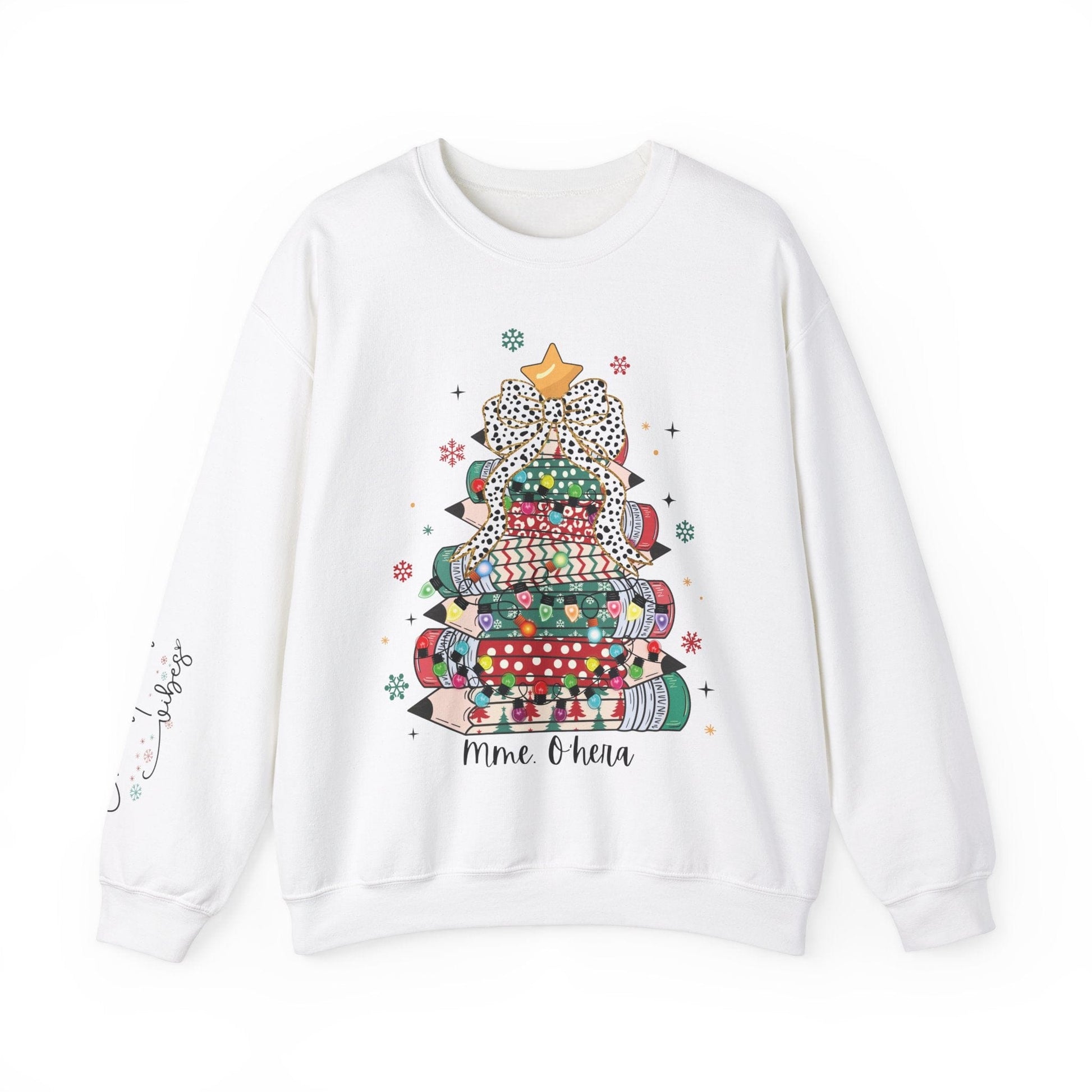 Ink and Charms Designs Sweatshirt Personalized Teacher Christmas Crewneck Sweatshirt - Christmas Tree and Pencils Design