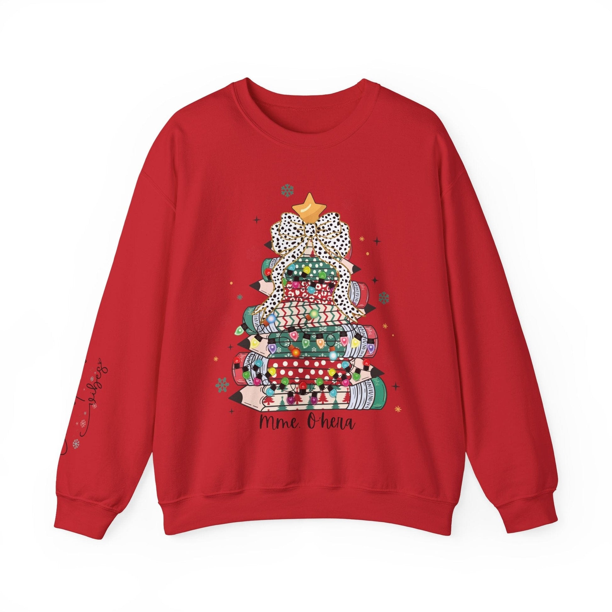 Ink and Charms Designs Sweatshirt S / Red Personalized Teacher Christmas Crewneck Sweatshirt - Christmas Tree and Pencils Design