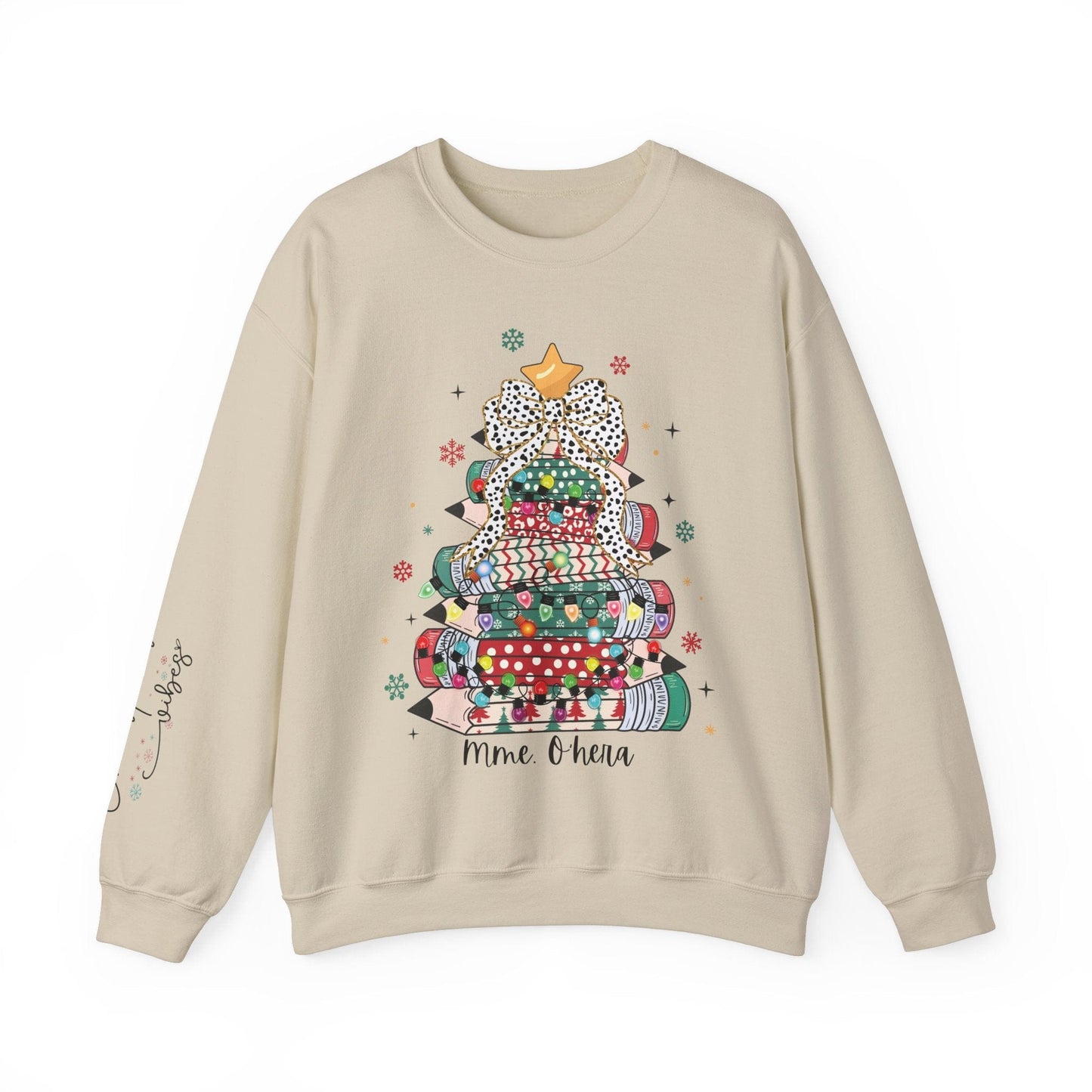 Ink and Charms Designs Sweatshirt S / Sand Personalized Teacher Christmas Crewneck Sweatshirt - Christmas Tree and Pencils Design