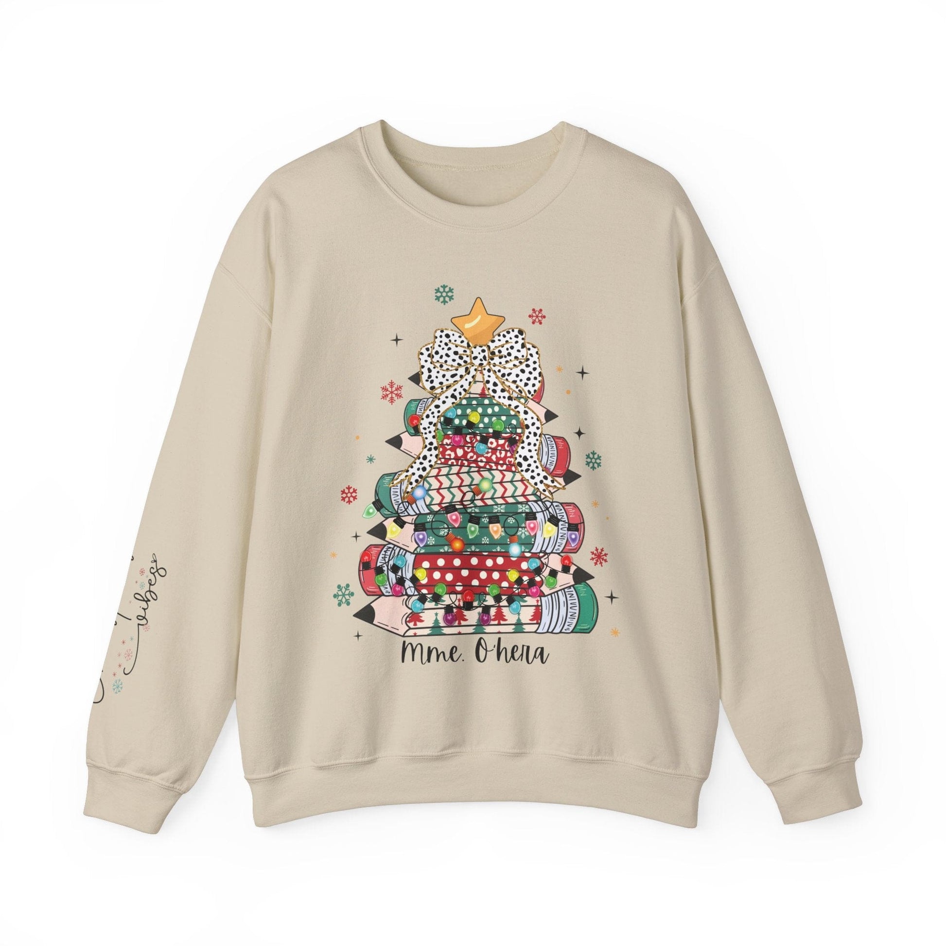 Ink and Charms Designs Sweatshirt S / Sand Personalized Teacher Christmas Crewneck Sweatshirt - Christmas Tree and Pencils Design