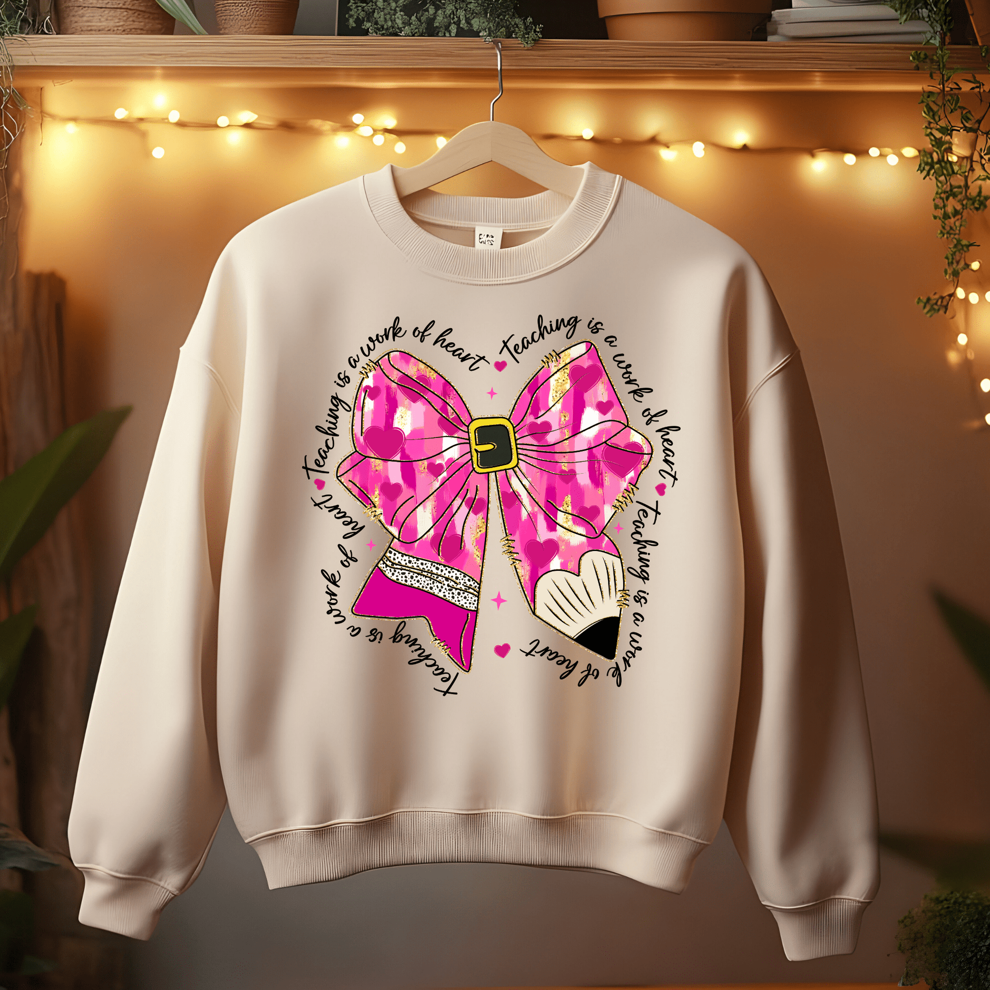 Ink and Charms Designs Sweatshirt Sand / S Glitter Bows, Hearts, and Pencil Valentine’s Day Sweatshirt- Teaching is a Work of Heart