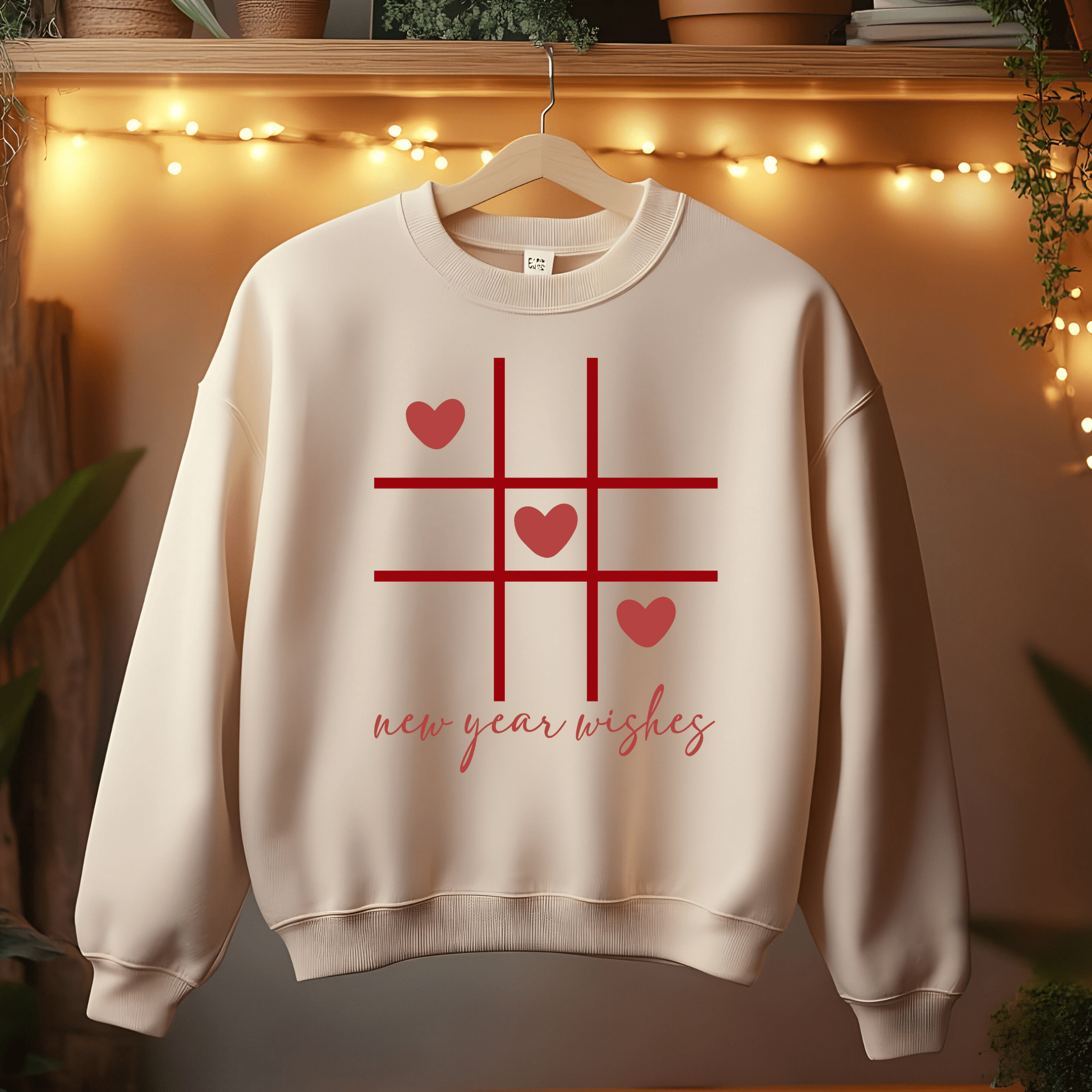 Ink and Charms Designs Sweatshirt Sand / S Three-by-Three Grid with Hearts and New Year Wishes Sweatshirt
