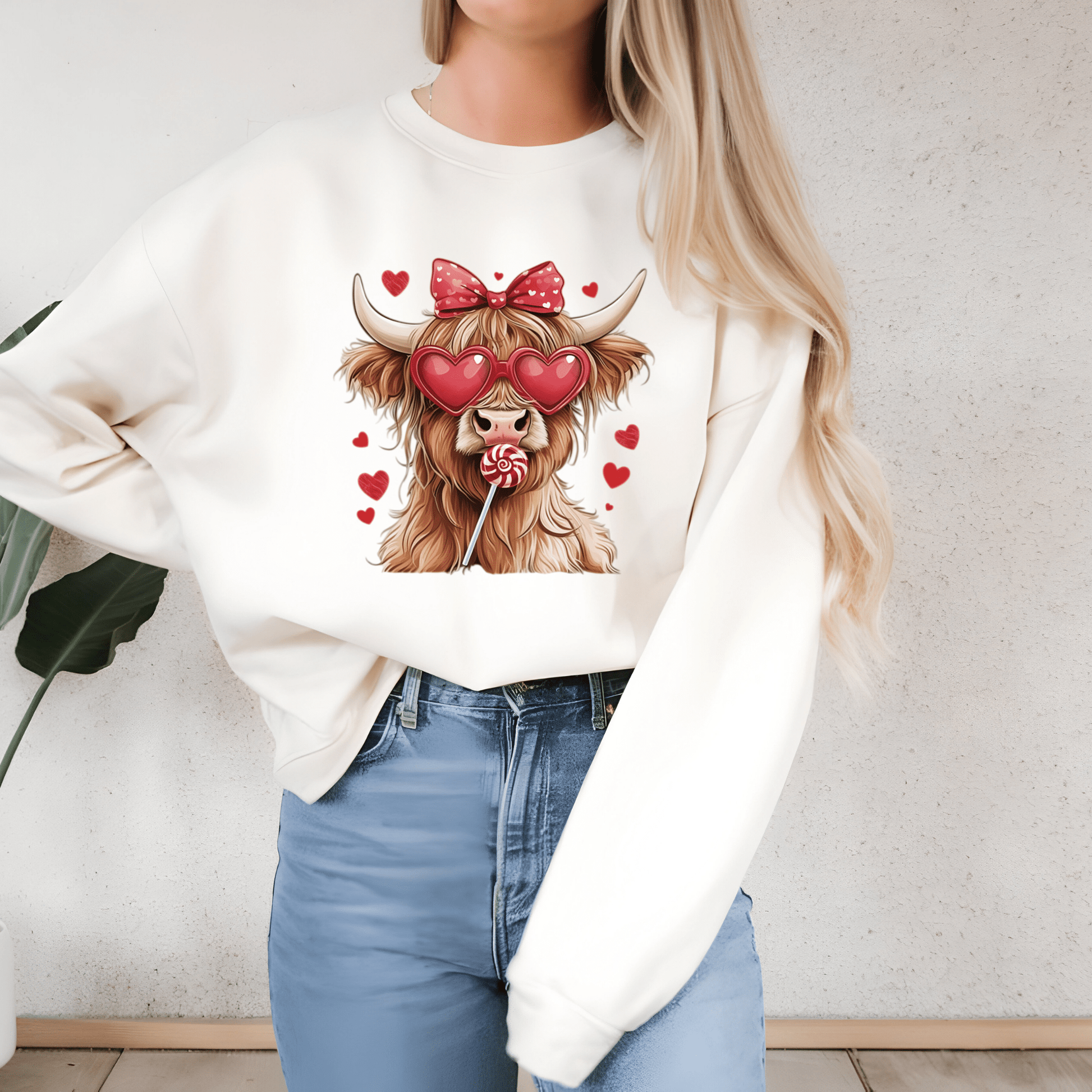 Ink and Charms Designs Sweatshirt Sweatshirt / Pink / S Cute Cow with Bow licking lollipop Valentine Design T-Shirt