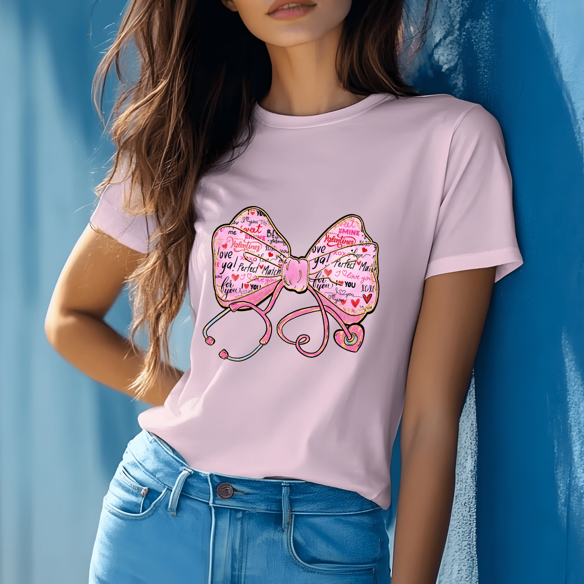 Ink and Charms Designs Sweatshirt Tshirt / Pink / S Glitter Bow, Hearts, and Stethoscope Valentine’s Day Sweatshirt
